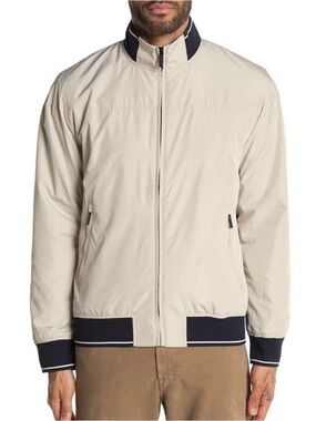 Perry Ellis Beige Bomber Jacket with Navy Trim